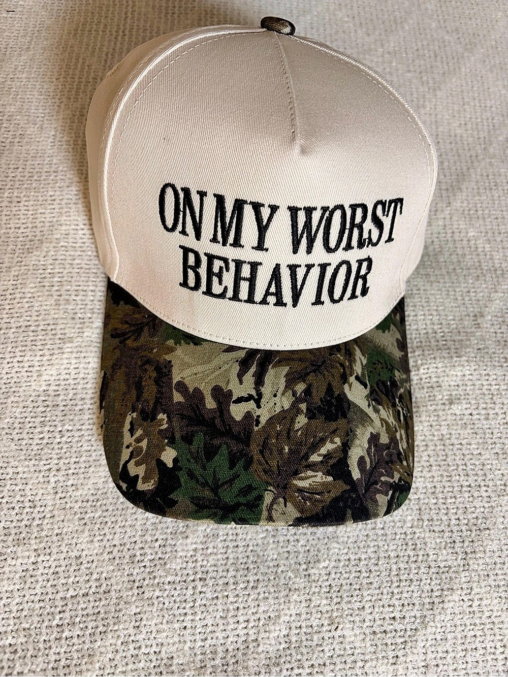 On My Worst Behavior Cap Camo Trucker Hat Beige & Green